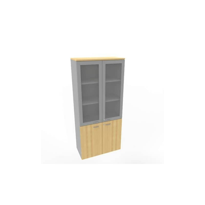 Armadio alto con ante basse faggio e alte in vetro telaio MDF scocca trama antracite 90x45xH.200 cm