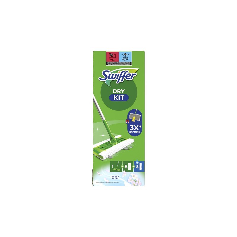 Starter Kit catturapolvere Swiffer Dry verde - scopa + 8 panni DRY + 3 panni WET - conf. 12 pz - PG264