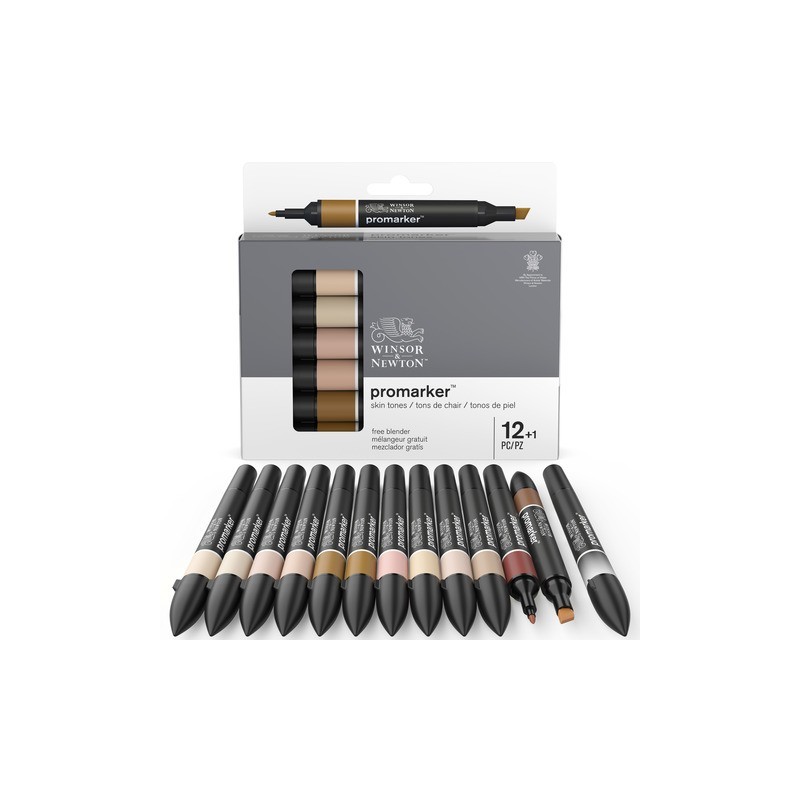 Pennarelli Winsor&Newton Promarker doppia punta fine-larga - conf. 12 pz toni carne + blender - 0290172