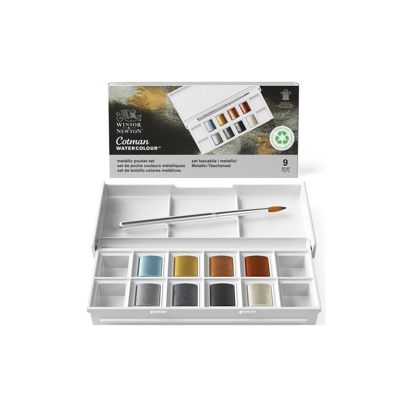 Acquerelli Winsor&Newton Cotman Metallic Pocket Set - conf. 8 mezzi godet in colori assortiti  - 0390702