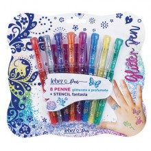 Penna gel glitter con cappuccio e inchiostro profumato + stencil Lebez - conf. 6 colori assortiti - 5340