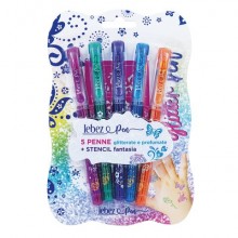 Penna gel glitter con cappuccio e inchiostro profumato + stencil Lebez - conf. 8 colori assortiti - 5320