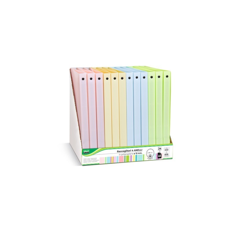 Espositore 24 raccoglitori 4 anelli Lebez in PP - A4 Ø 15 mm - colori pastello assortiti - 80981