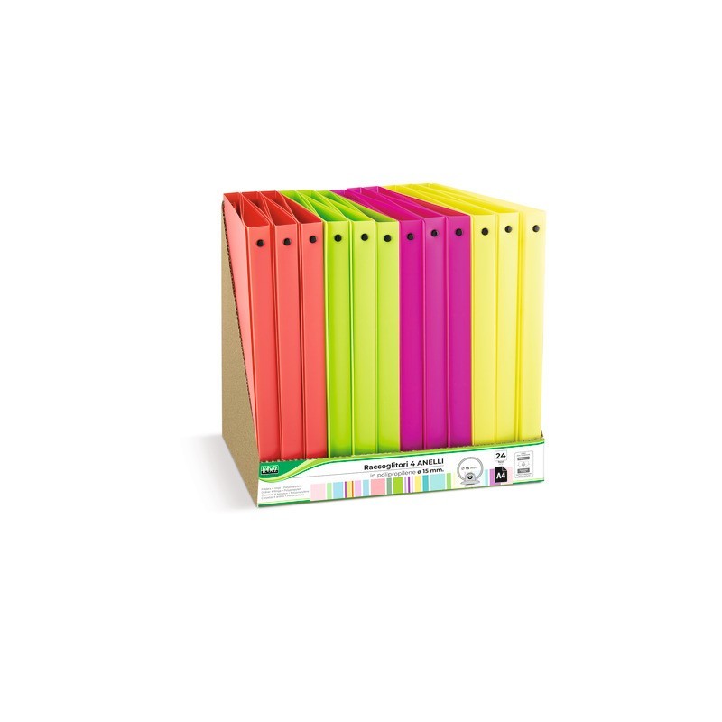 Espositore 24 raccoglitori 4 anelli Lebez in PP - A4 Ø 15 mm - colori neon assortiti - 80979