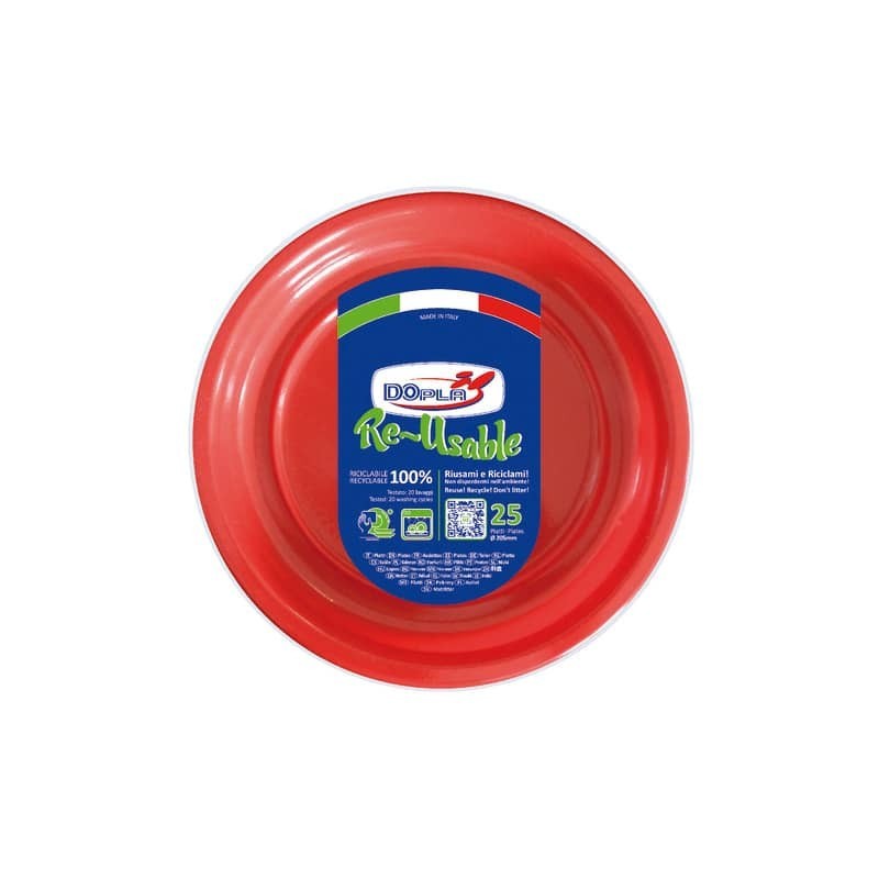Piatti fondi rosso in polistirene h.32 mm conf. 25 pz Dopla Reusable Ø 205 mm 11840 (Conf.6)