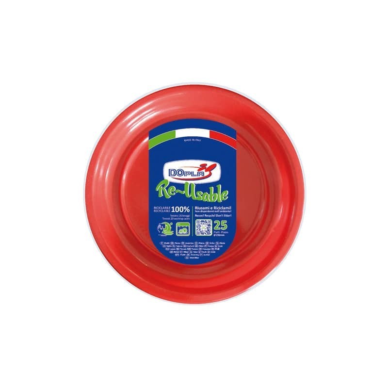 Piatti piani rosso in polistirene h.19 mm conf. 25 pz Dopla Reusable Ø 220 mm 11839 (Conf.8)