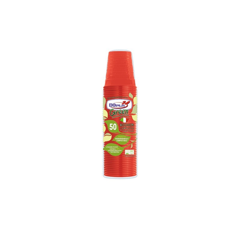 Bicchieri biodegradabili e compostabili Dopla Green - colore rosso 200 ml - conf. 50 pz - 48029