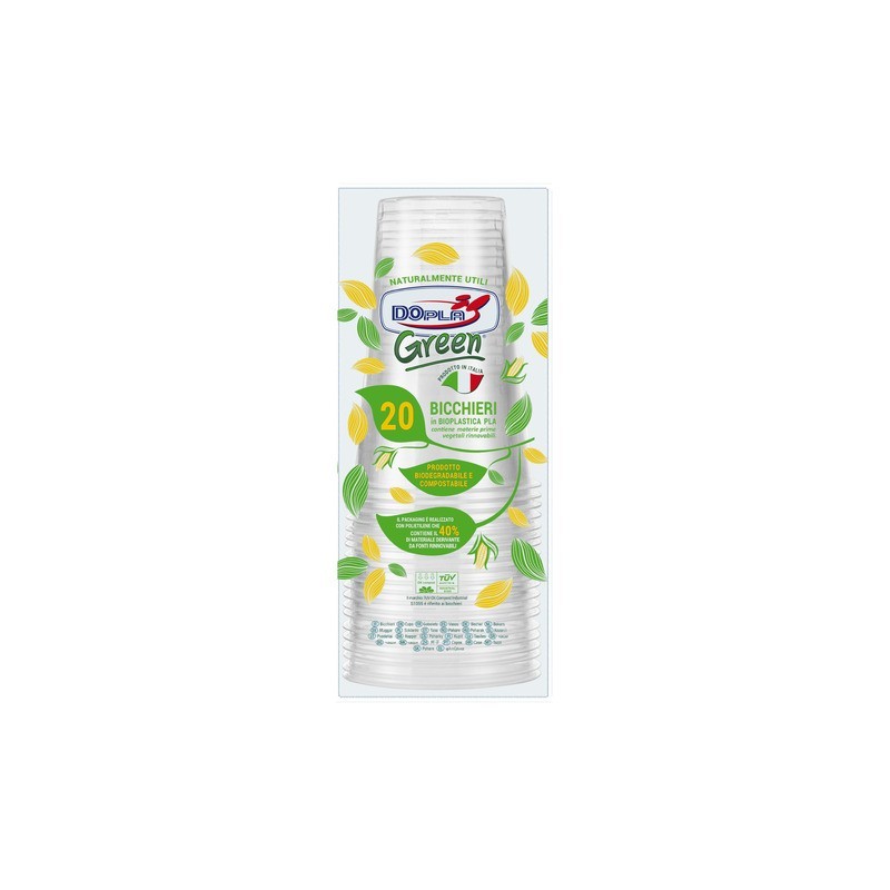 Bicchieri monouso in PLA Dopla Green 390 ml - conf. 20 pz - trasparente - 22708