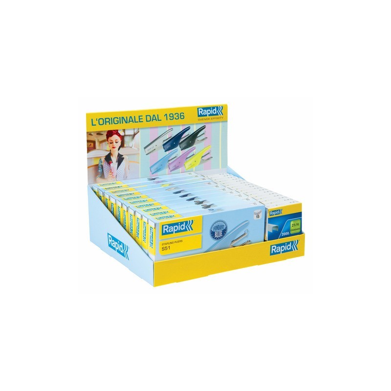 Espositore 30 articoli di cui 10 cucitrici a pinza Rapid S51 Supreme + 20 punti metallici Rapid Standard 21/4