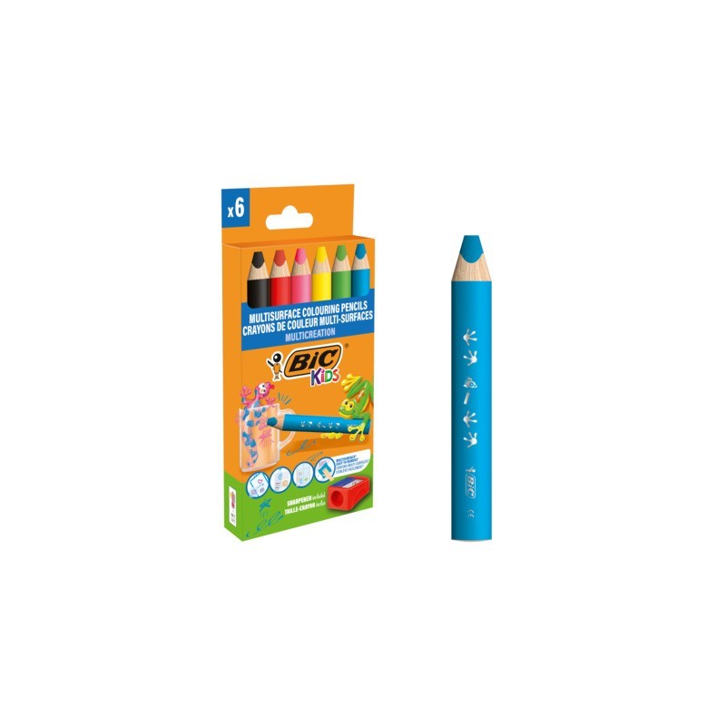 Matite colorate BIC Kids Multisurface con fusto triangolare in conf. 6 pezzi assortiti + temperamatite - 515220