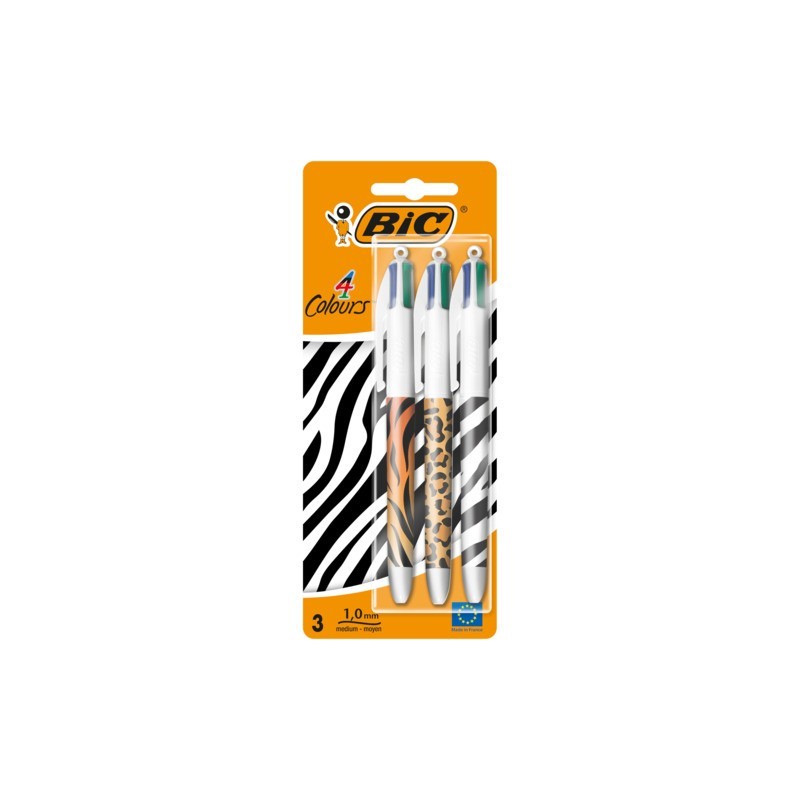 Penna a sfera a scatto BIC 4 Colours 1 mm in blister da 3 pezzi Animalier 9998501