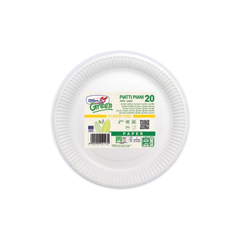 Piatti piani in fibra vergine Dopla Green Ø 230 mm bianco - conf. 20 pz - 11802