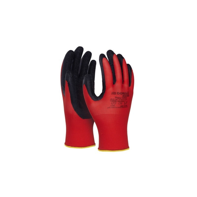 Guanti da lavoro Donau Safety in PL rosso e lattice ruvido nero sul palmo Tg. 10 - conf. 12 pz - 32021121-10