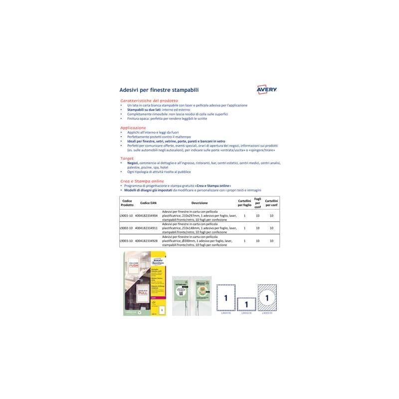 Adesivi per finestre Avery in carta con pellicola plastificatrice in conf. da 10 pz 210x297 mm - L9001-10