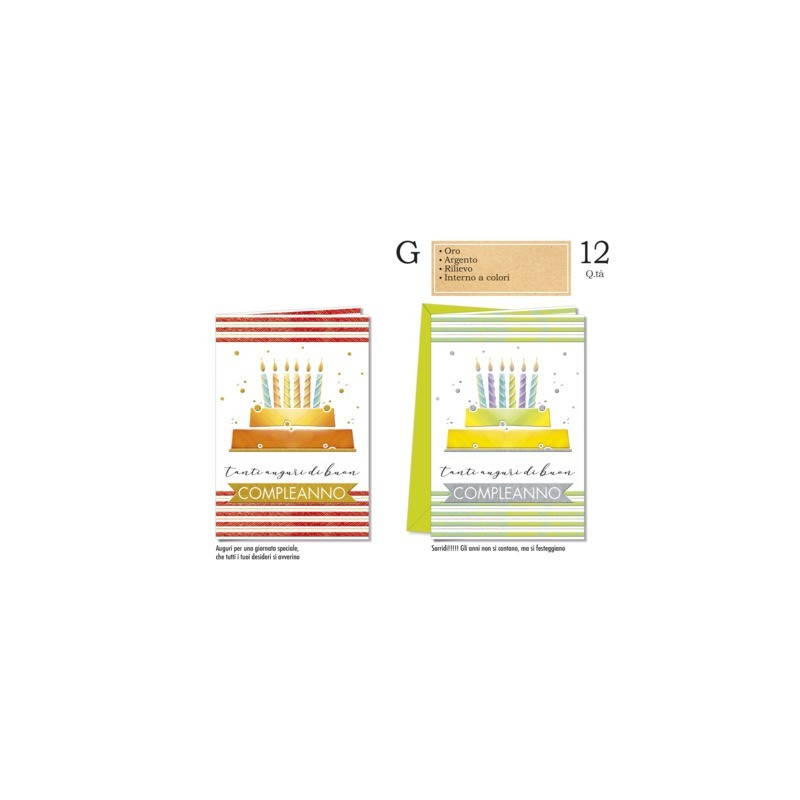 Biglietti augurali compleanno Cromo assortiti in 2 soggetti torta e candeline - conf. 12 pz - BC.8112