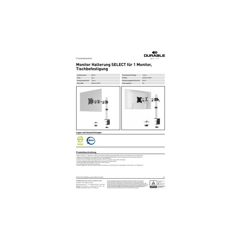 Braccio porta 1 monitor da tavolo Durable Select grigio 429x448x100 mm 5094-23