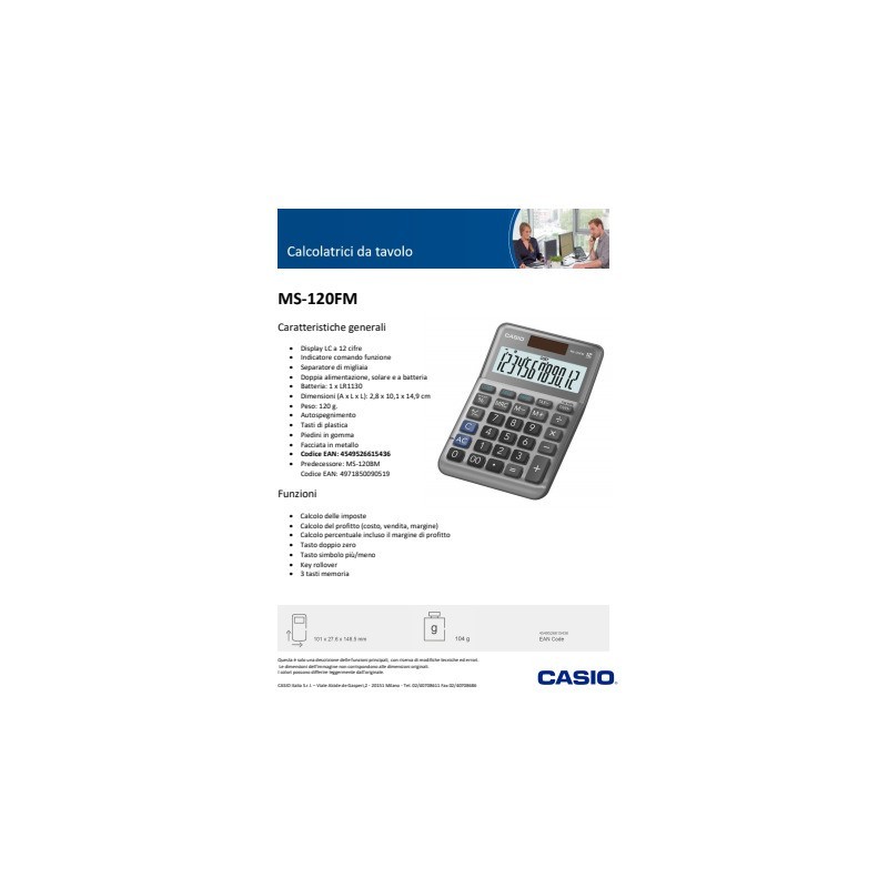 Calcolatrice da tavolo CASIO solare o batteria argento - display 12 cifre MS-120FM-WA-EP