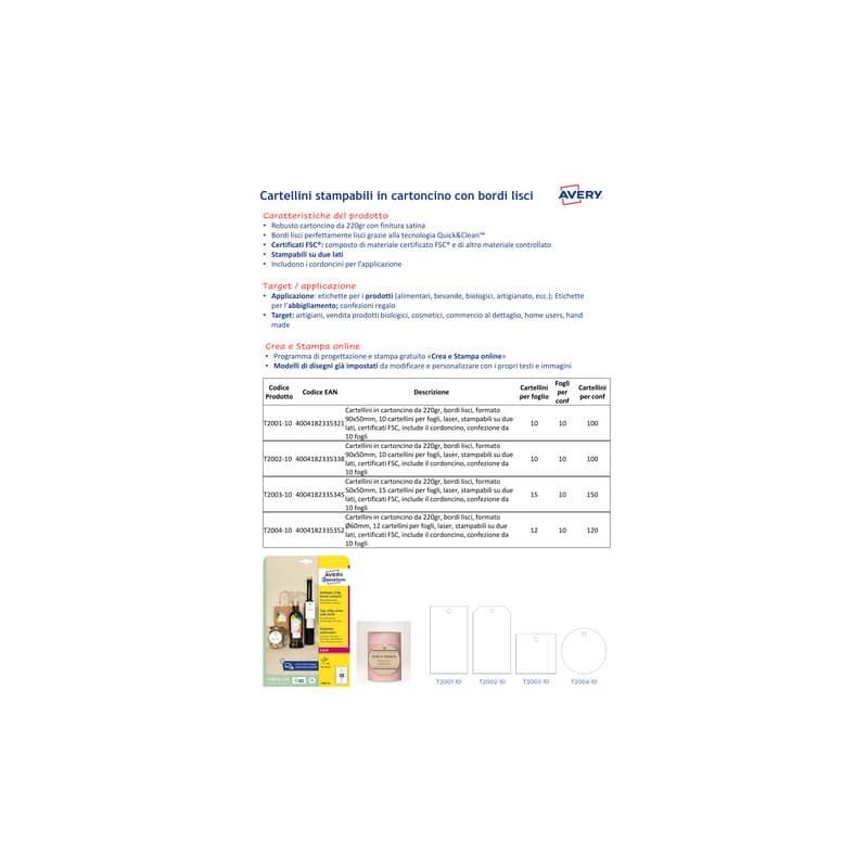 Cartellini micro-perforati Avery in cartoncino tondo da 220 g bordi lisci in conf. da 120 pz Ø60 mm - T2004-10
