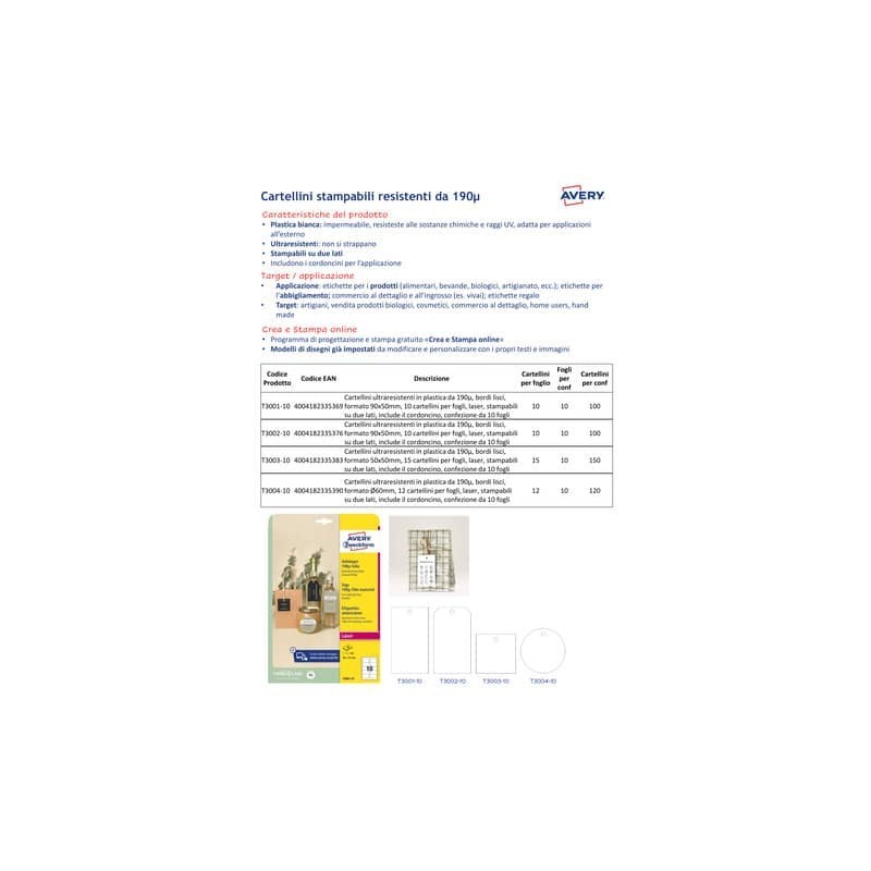 Cartellini micro-perforati Avery ultraresistenti in plastica da 190µ rettangolari in conf. da 100 pz T3001-10