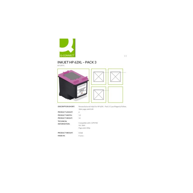 Cartuccia Q-Connect rigenerata HP 62XL colore ciano/magenta/giallo KF13975