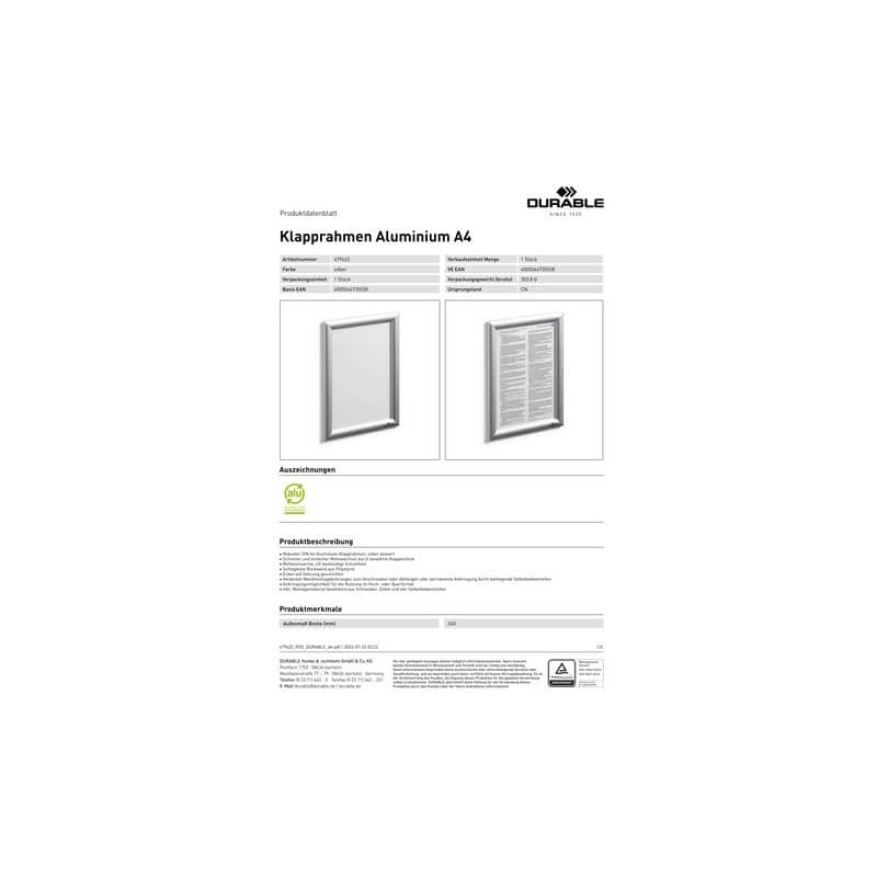 Cornice a scatto Durable in alluminio - argento metallizzato  A4 - 4796-23