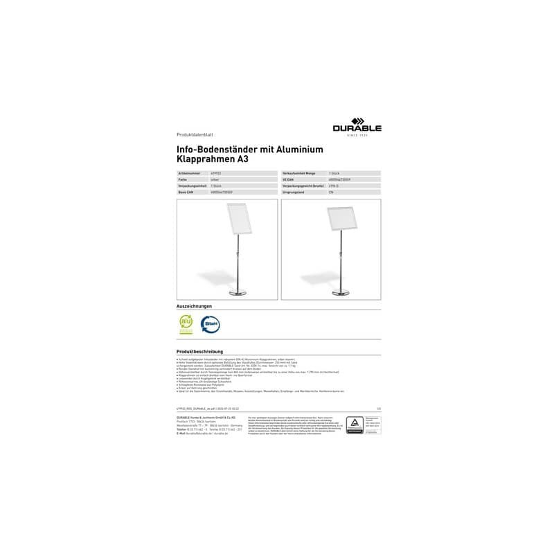 Espositore da pavimento Durable con cornice a scatto in alluminio formato A3 4799-23