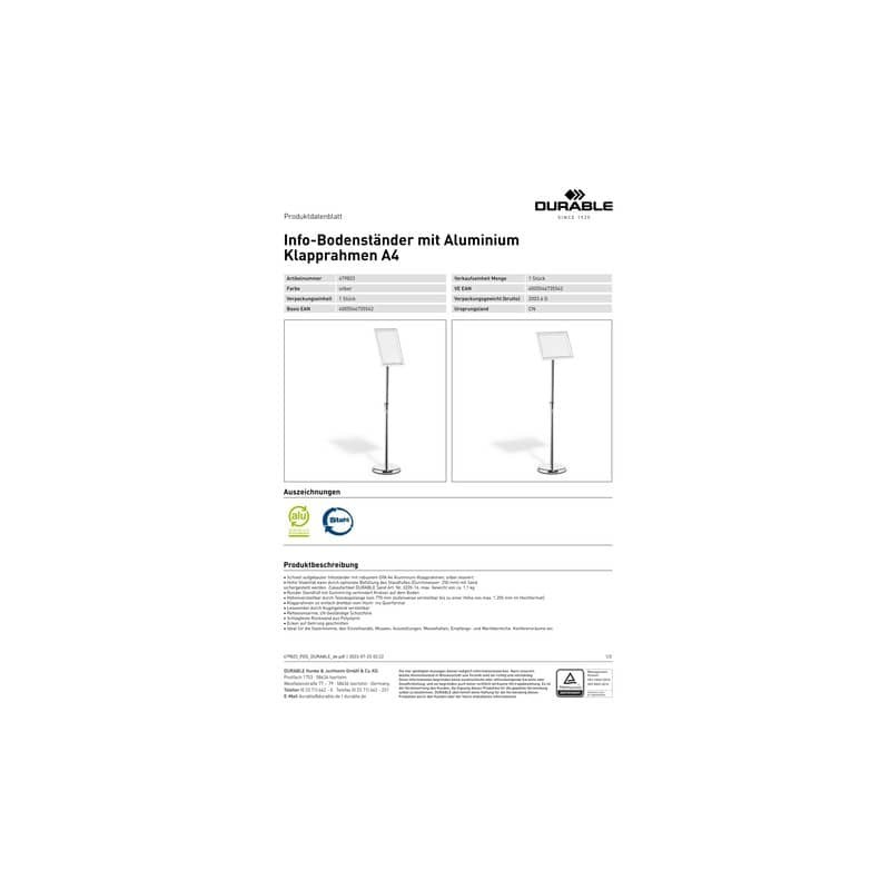 Espositore da pavimento Durable con cornice a scatto in alluminio formato A4 4798-23