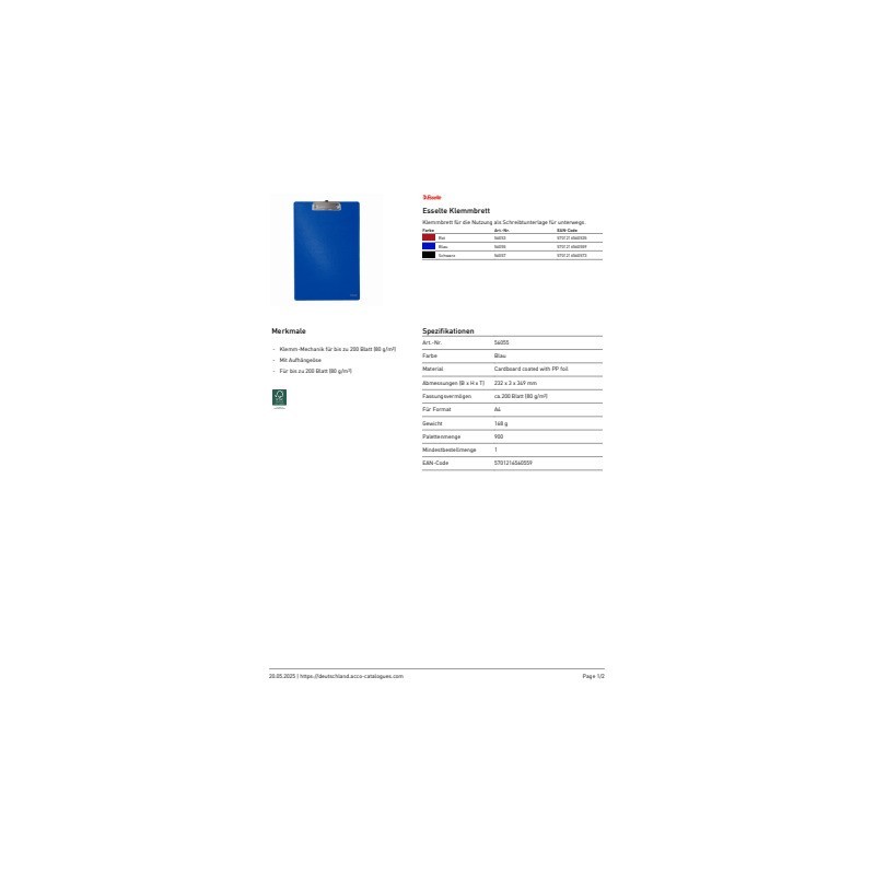 Portablocco con clip Esselte Standard cartoncino/polipropilene blu 56055