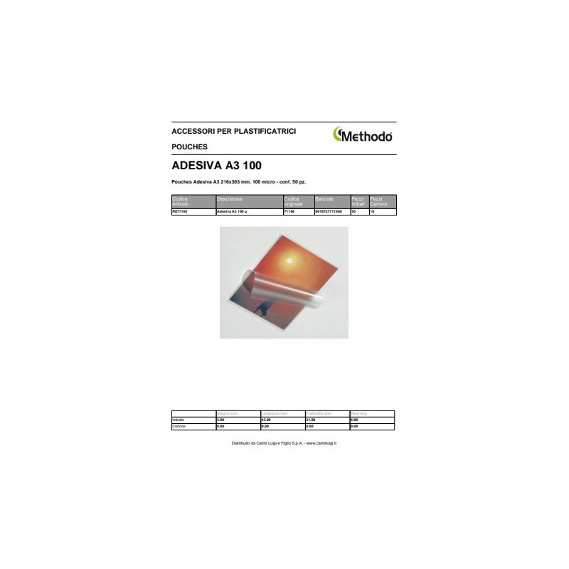 Pouches adesive Methodo in polistirene trasparente A3 100 µ - conf. 50 pz - 216x303 mm - R071146