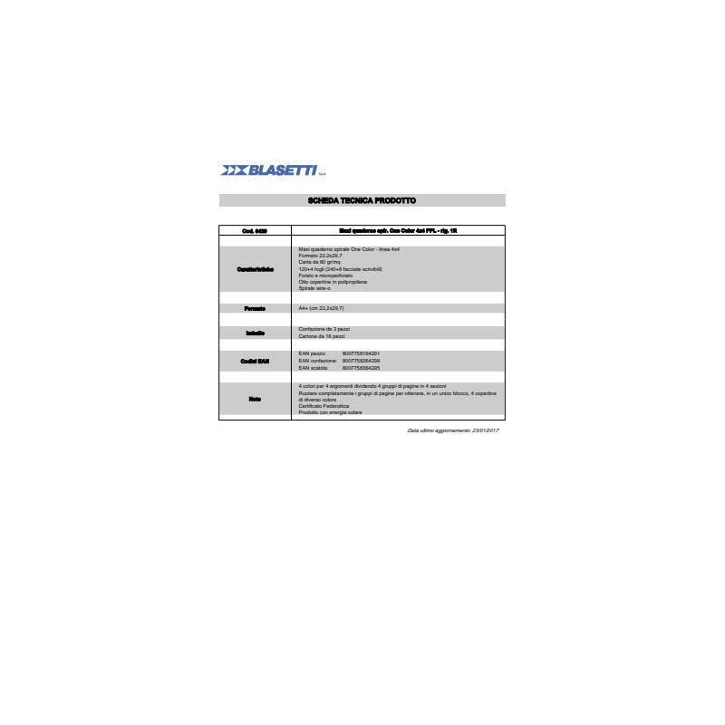 Quaderno spiralato One Color 4x4 - A4 - 80 g/m2 - 120+4 ff con 4 fori - 1R 6429 (Conf.3)