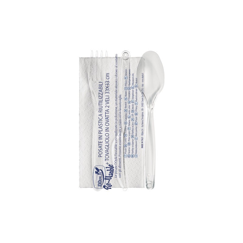 Set 3 posate trasparenti Dopla Reusable in PS con tovagliolo 33x33 cm - conf. 100 pz - 03944