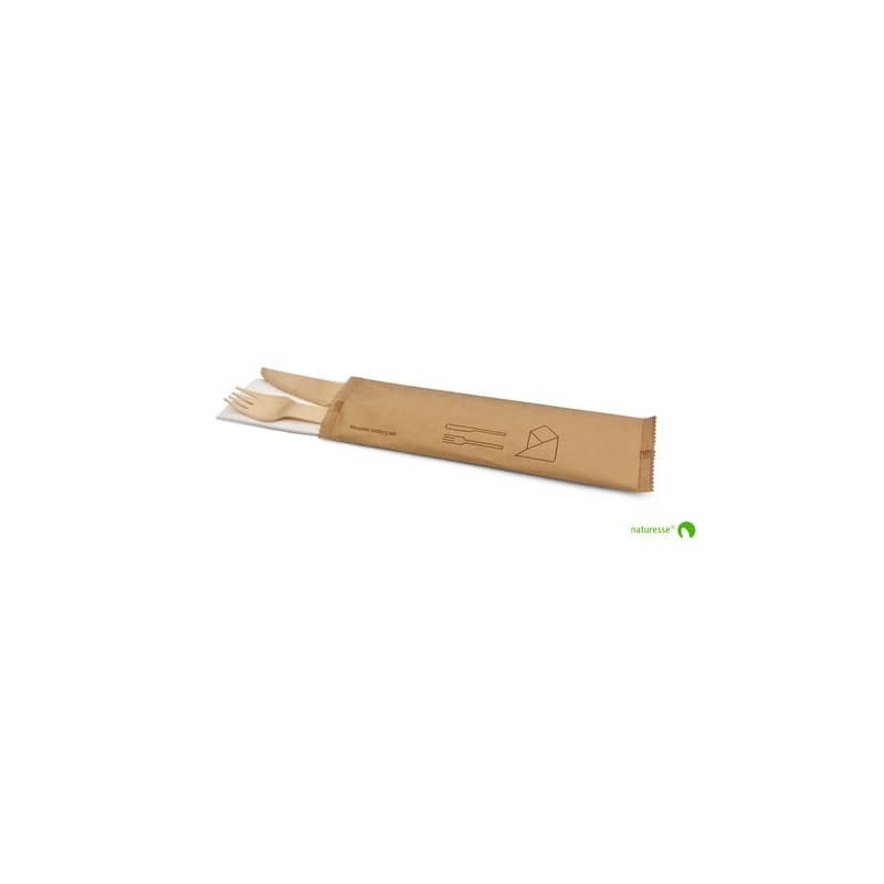 Set posate in legno monouso Scatolificio del Garda forchetta-coltello-tovagliolo avana - Conf. 250 pezzi - 20381