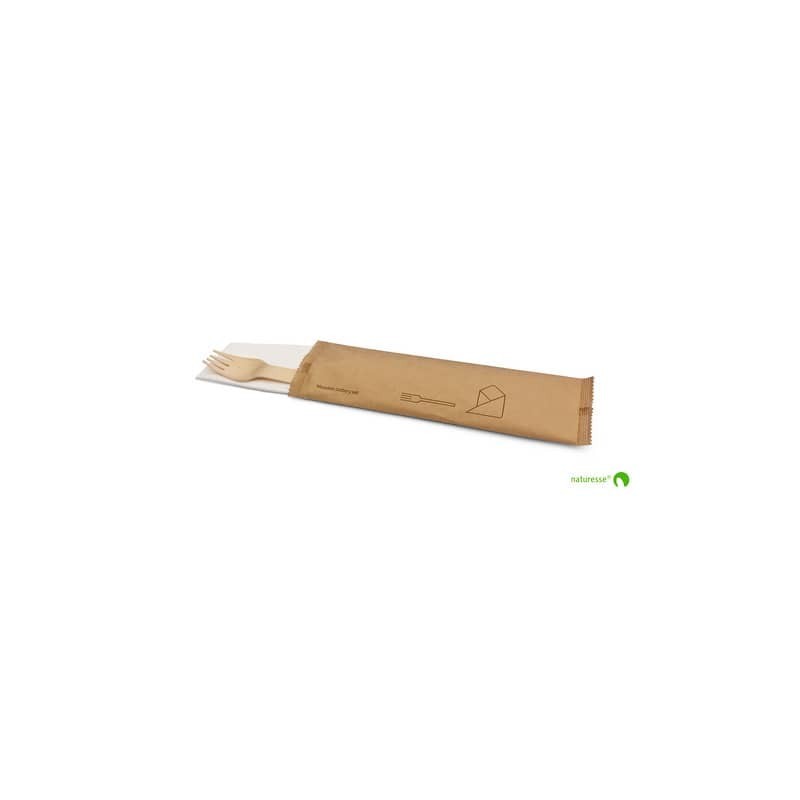 Set posate in legno monouso Scatolificio del Garda forchetta-tovagliolo avana - Conf. 250 pezzi - 20383