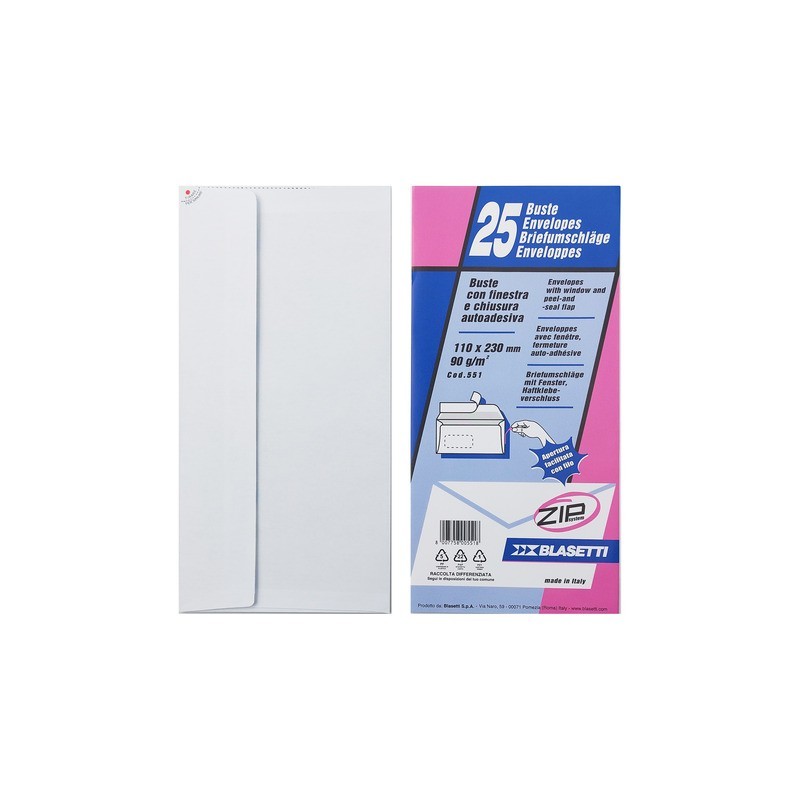 Buste Blasetti STRIP 90 g/m² bianco - conf. 25 pz - 110x230 mm - 551