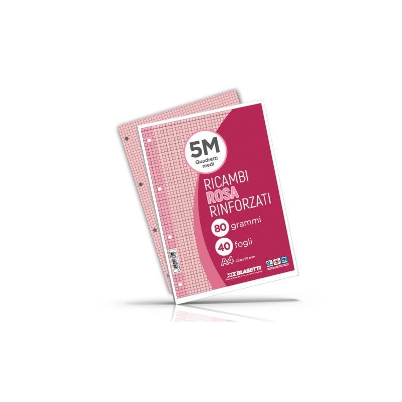 Ricambi rinforzati per quaderni ad anelli Blasetti - A4 - 80 g/m² - 40 ff - 5M - rosa - 7805