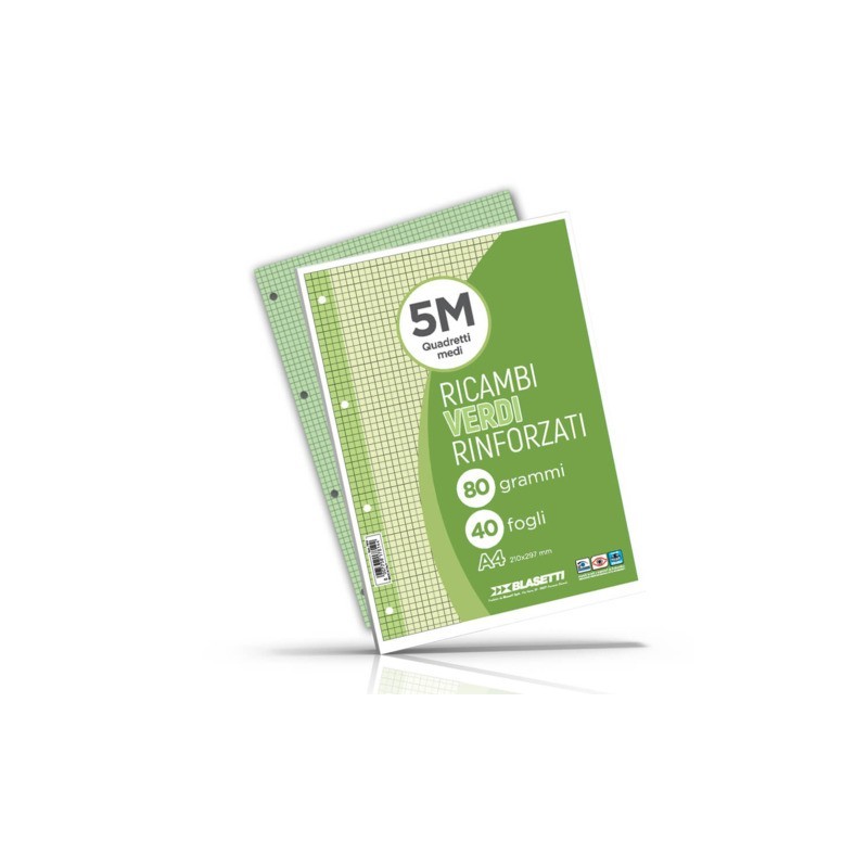 Ricambi rinforzati per quaderni ad anelli Blasetti - A4 - 80 g/m² - 40 ff - 5M - verde - 7814