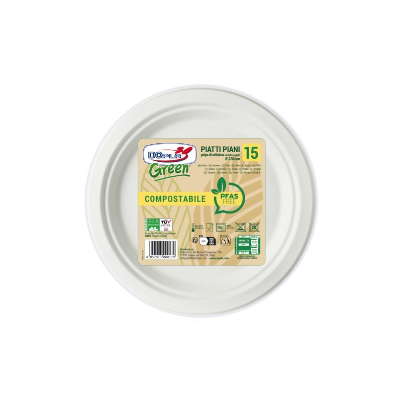 Piatti piani in polpa Dopla Green Pfas Free bianco - Ø 220 mm - conf. 15 pz - 07901