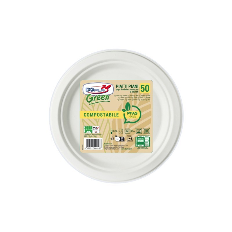Piatti piani in polpa Dopla Green Pfas Free bianco - Ø 220 mm - conf. 50 pz - 07902