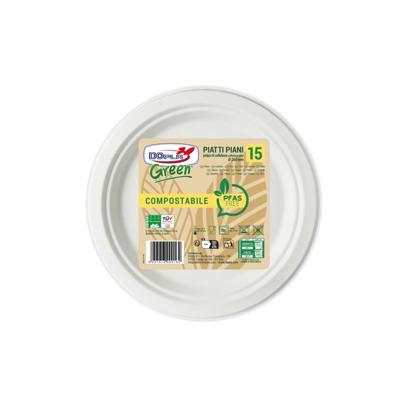Piatti piani in polpa Dopla Green Pfas Free bianco - Ø 260 mm - conf. 15 pz - 07907