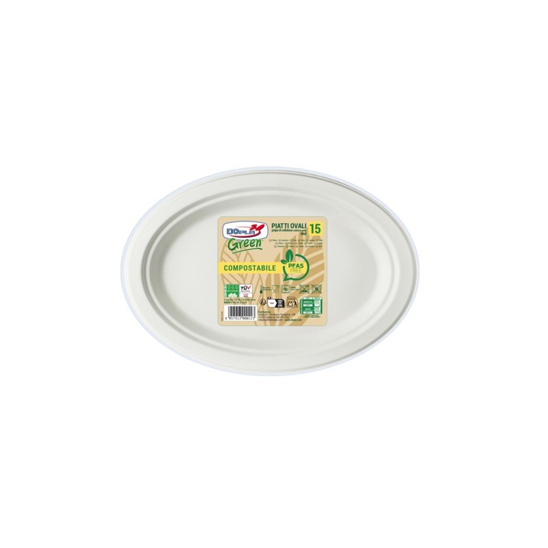 Piatti ovali in polpa Dopla Green Midi Pfas Free 260x195 mm bianco - Ø 260 mm - conf. 15 pz - 07776