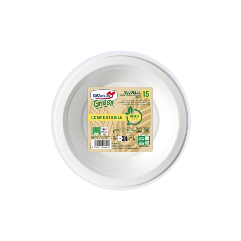 Scodelle in polpa bianche Dopla Green Pfas Free 450 ml - Ø 175 mm - conf. 15 pz - 07775