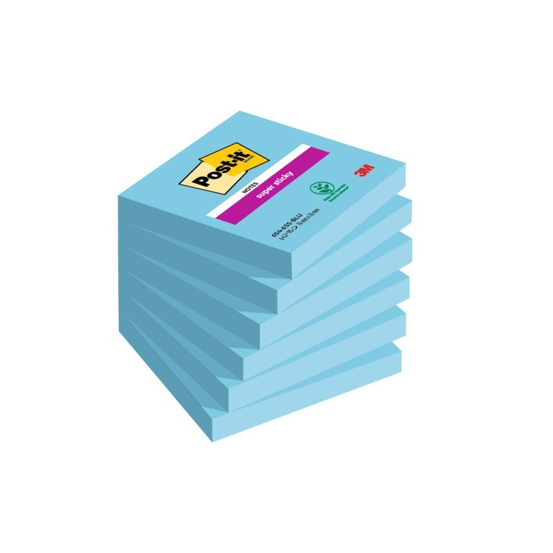 Foglietti riposizionabili Post-it® Super Sticky 76x76 mm - blu - conf. 6 blocchetti da 90 ff - 654-6SS-BLU
