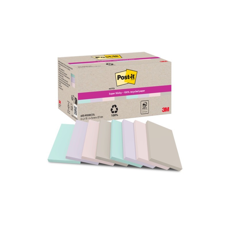 Foglietti riposizionabili Post-it® Super Sticky in carta riciclata 76x127 mm - colori assortiti - conf. 8 blocch/70 ff