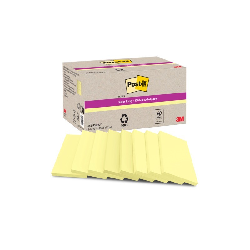 Foglietti riposizionabili Post-it® Super Sticky in carta riciclata 76x127 mm - giallo Canary - conf. 8 blocch/70 ff
