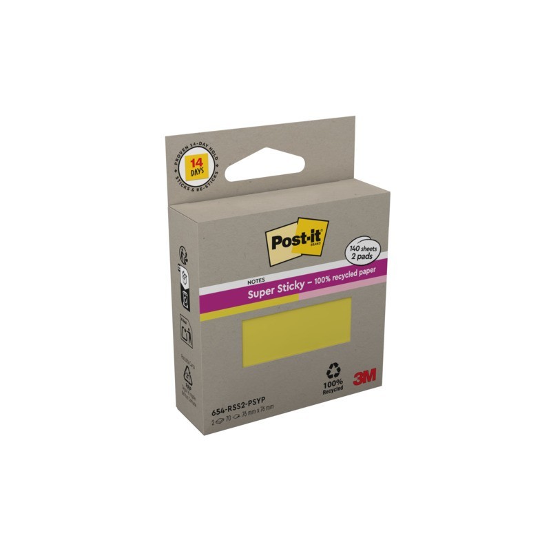 Foglietti riposizionabili Post-it® Super Sticky in carta riciclata 76x76 mm - giallo e rosa - conf. 2 blocch/70 ff