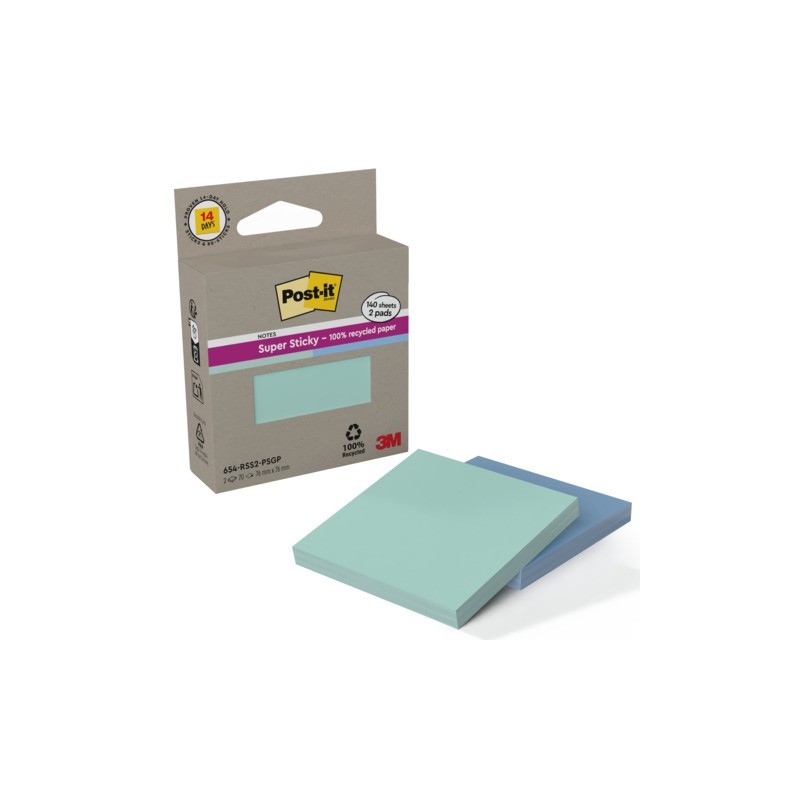 Foglietti riposizionabili Post-it® Super Sticky in carta riciclata 76x76 mm - menta e blu - conf. 2 blocch/70 ff