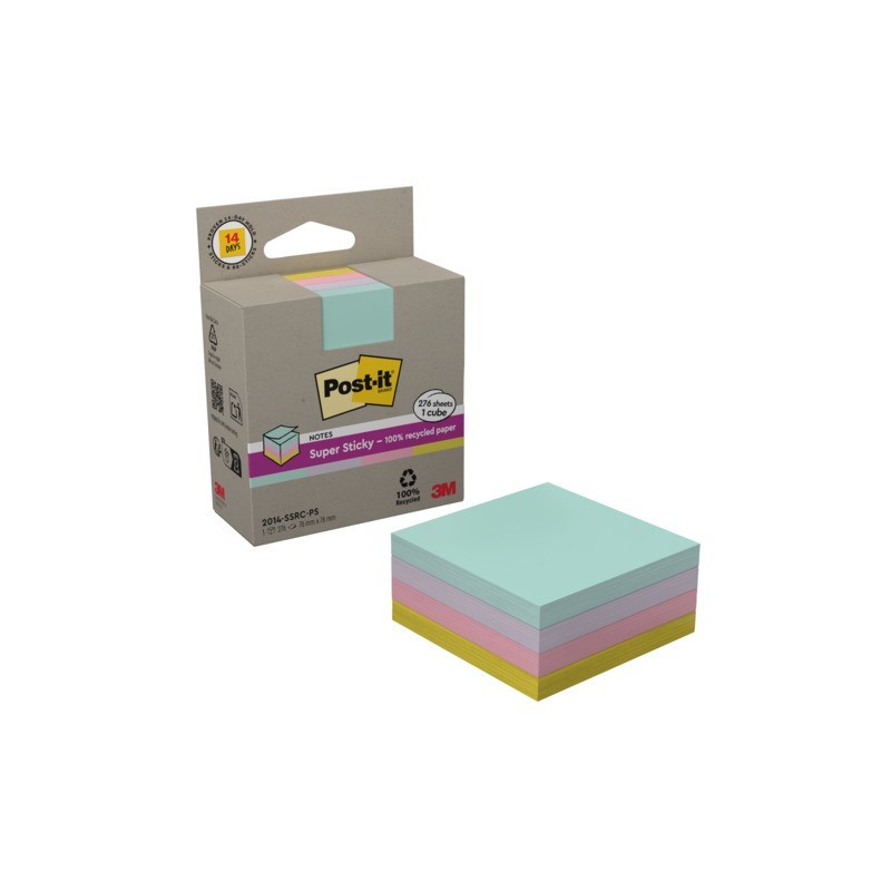 Foglietti riposizionabili Post-it® Super Sticky in carta riciclata 76x76 mm - giallo, rosa, menta, lilla - cubo 276 ff