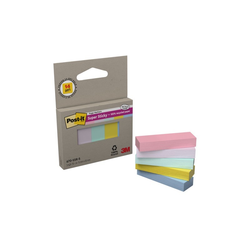 Segnapagina Post-it® Super Sticky in carta riciclata 15x50 mm - colori assortiti - conf. 5 index/70 ff