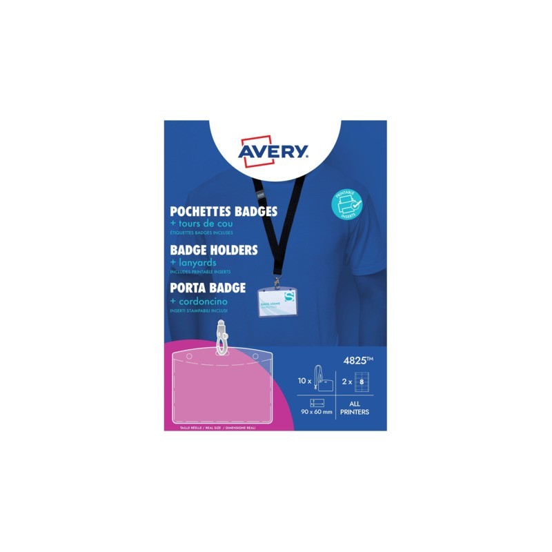 Kit porta badge trasparente 60x90 mm + 10 cordoncini neri con gancio + 16 inserti microperforati stampabili Avery