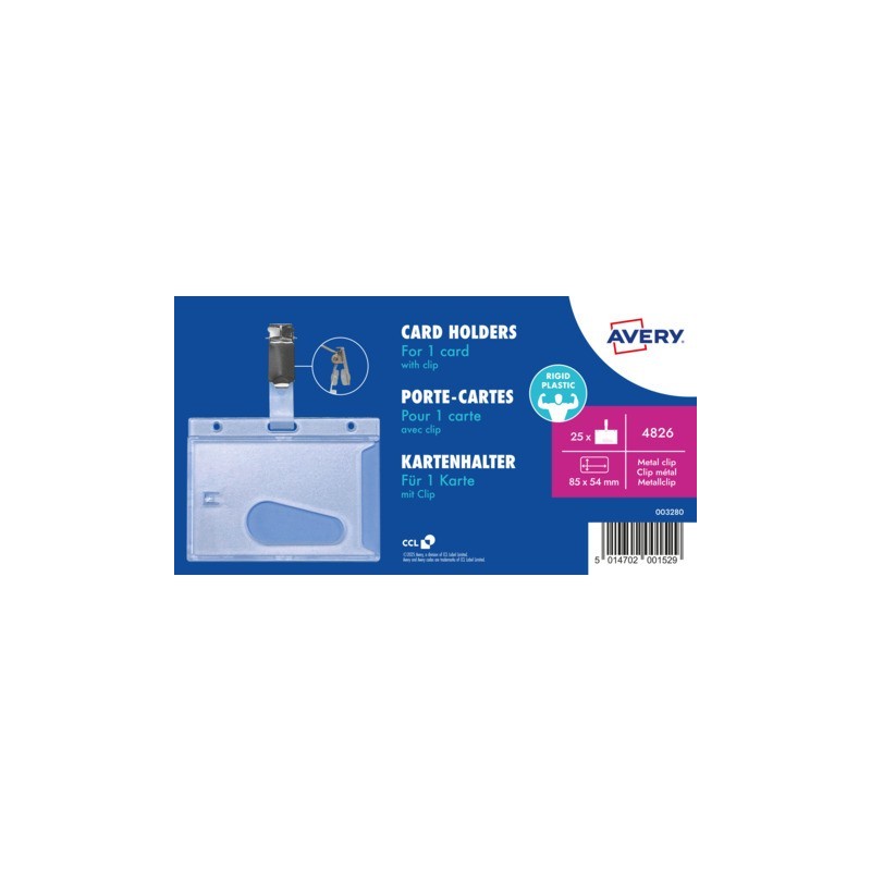 Porta Badge di sicurezza rigidi con clip Avery 54x85 mm - trasparente - conf. 25 pz - 4826